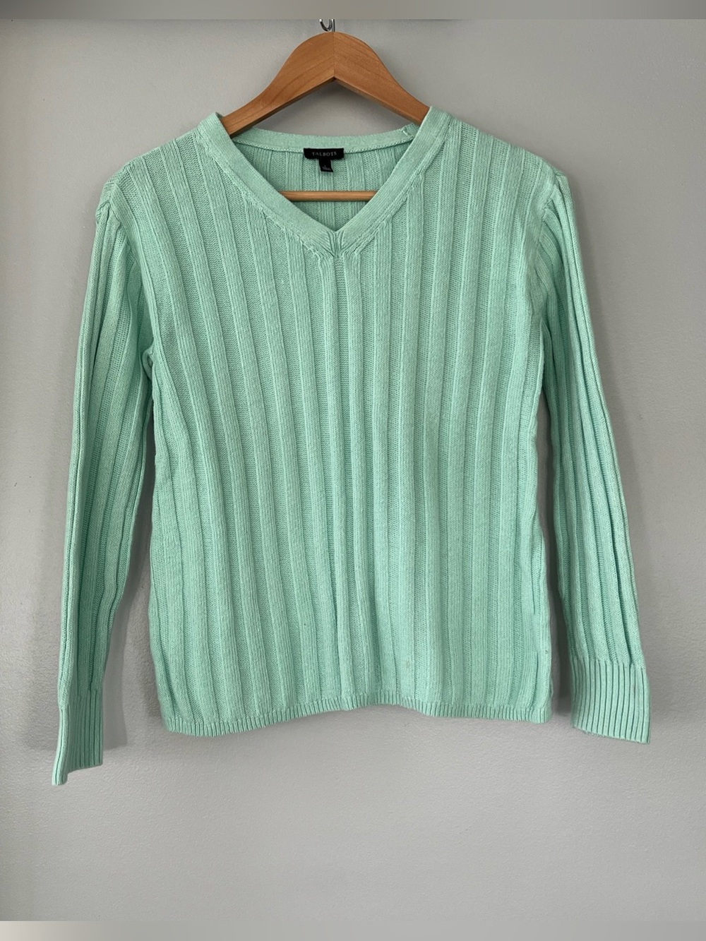 Talbots Sweater Women’s Small Mint Green Ribbed Pullover Cotton & Linen V-Neck